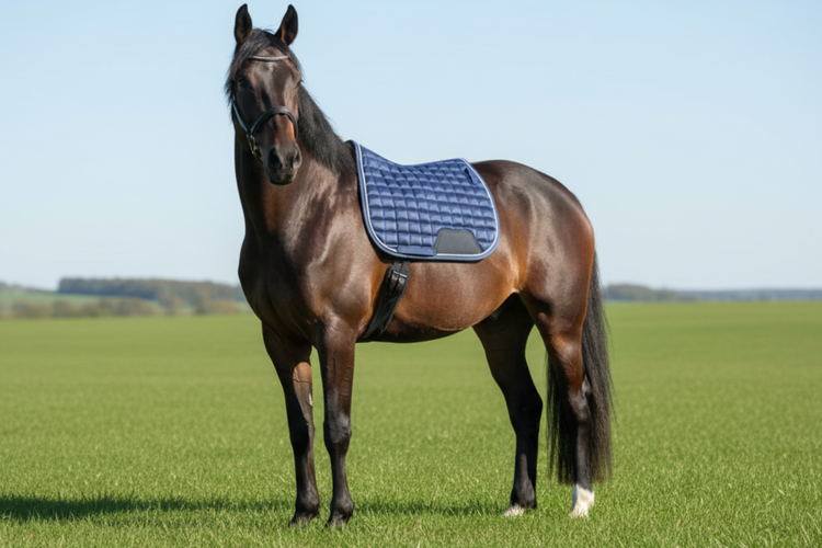 Blue Horse Saddle Pad for Jumping with Ear Bonnet, Bell Boot