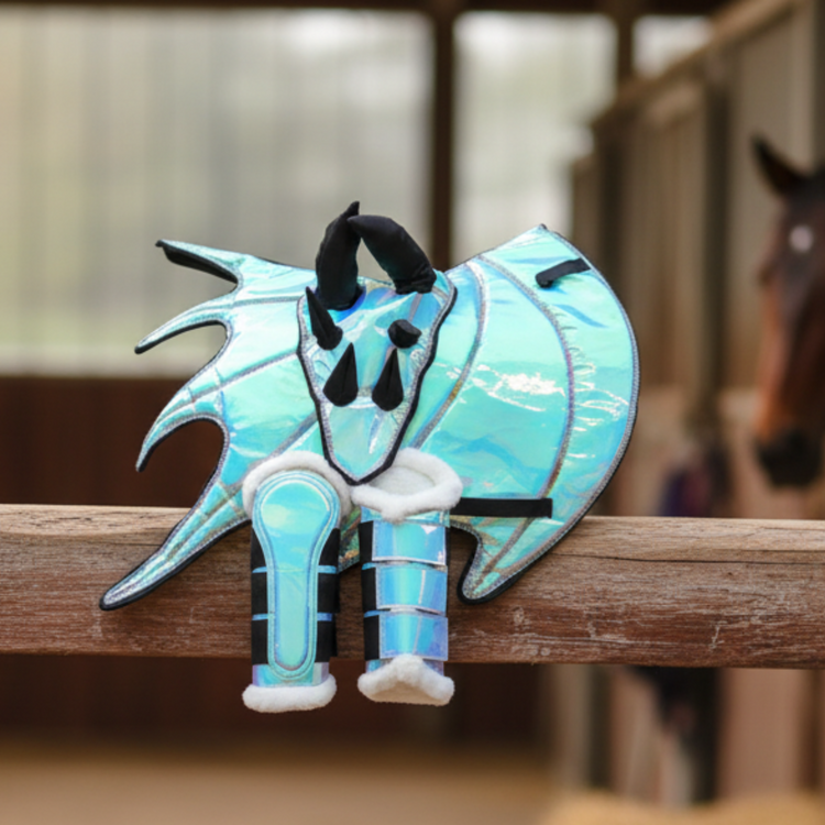 Dragon Horse Saddle Pad, Ear Bonnet & Horse Boot Set, Breathable, Shock Absorbing Equestrian Gear