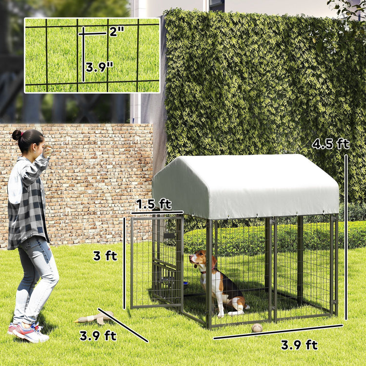 Welded Wire Dog Kennel with 360 Rotating & 4 Levels Adjustable Bowls, Waterproof Cover, 3.9 X 3.9 X 4.5