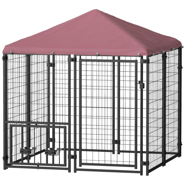 Welded Wire Outdoor Dog Kennel with Rotating Bowls, Waterproof Cover, 4.6x4.6x5 Feet