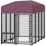 Welded Wire Outdoor Dog Kennel with 360° Rotating & Adjustable Bowls, Waterproof Cover, 7.9 x 4 x 6 ft