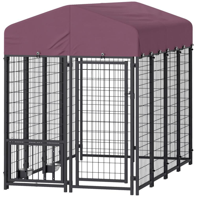 Welded Wire Outdoor Dog Kennel with 360° Rotating & Adjustable Bowls, Waterproof Cover, 7.9 x 4 x 6 ft