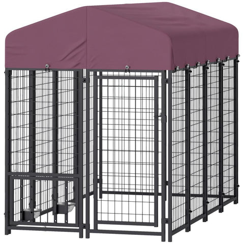 Welded Wire Outdoor Dog Kennel with 360° Rotating & Adjustable Bowls, Waterproof Cover, 7.9 x 4 x 6 ft