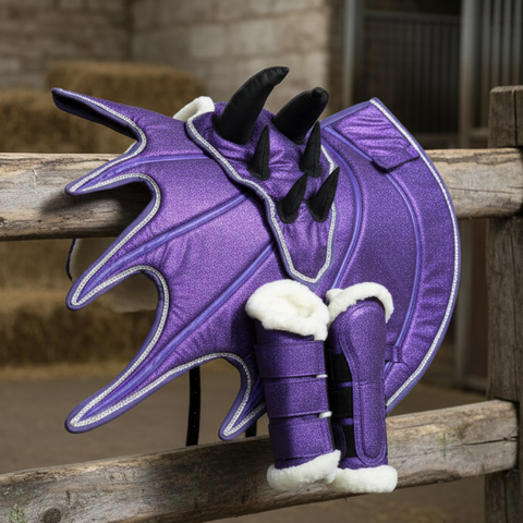 Purple Horse Dragon Saddle Pad, Ear Bonnet & Horse Boot Set