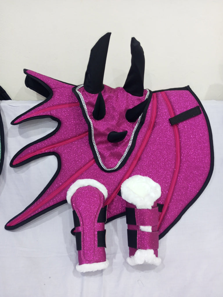 Pink Horse Dragon Saddle Pad, Ear Bonnet & Horse Boot Set