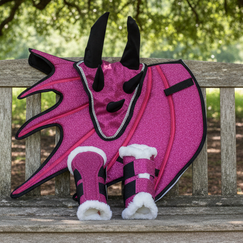 Pink Horse Dragon Saddle Pad, Ear Bonnet & Horse Boot Set