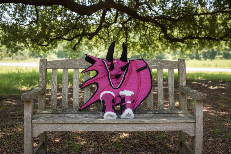 Pink Horse Dragon Saddle Pad, Ear Bonnet & Horse Boot Set