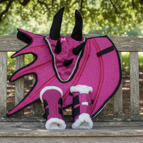Pink Horse Dragon Saddle Pad, Ear Bonnet & Horse Boot Set