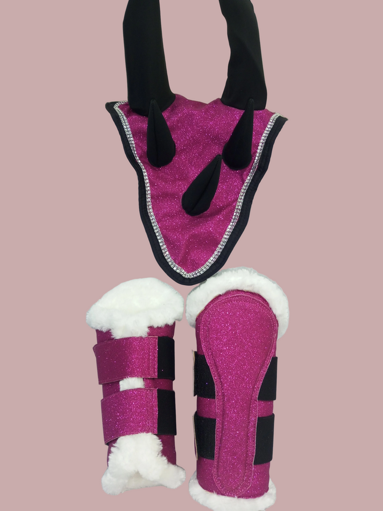 Pink Horse Dragon Saddle Pad, Ear Bonnet & Horse Boot Set