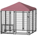 Welded Wire Outdoor Dog Kennel with Rotating Bowls, Waterproof Cover, 4.6x4.6x5 Feet